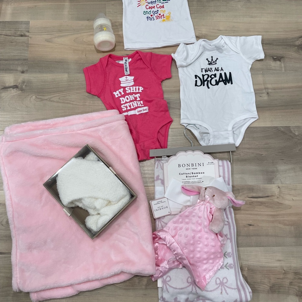 Pink Baby Blankets and Clothing Bundle